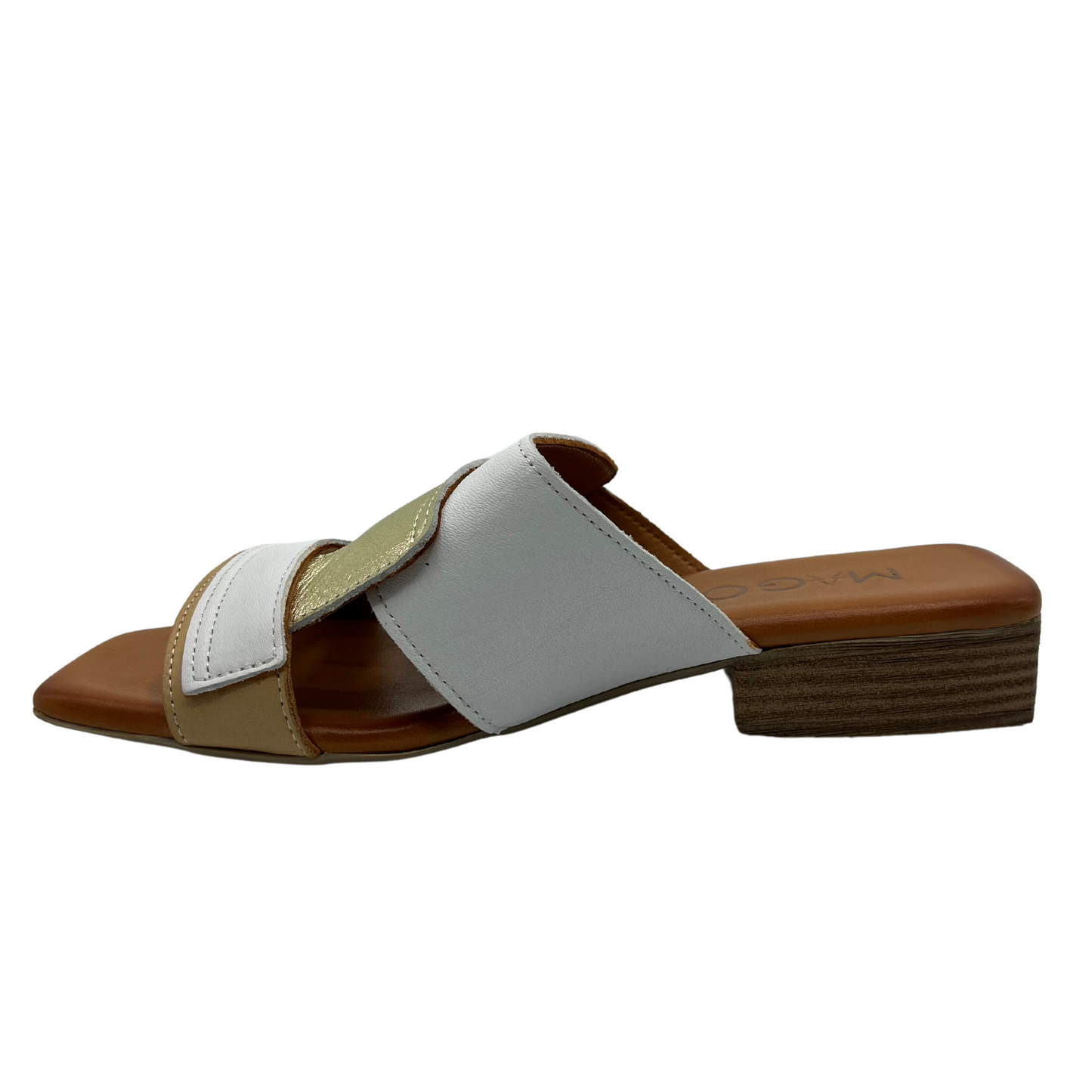 Left facing view with white, gold and tan leather with a square toe and block heel