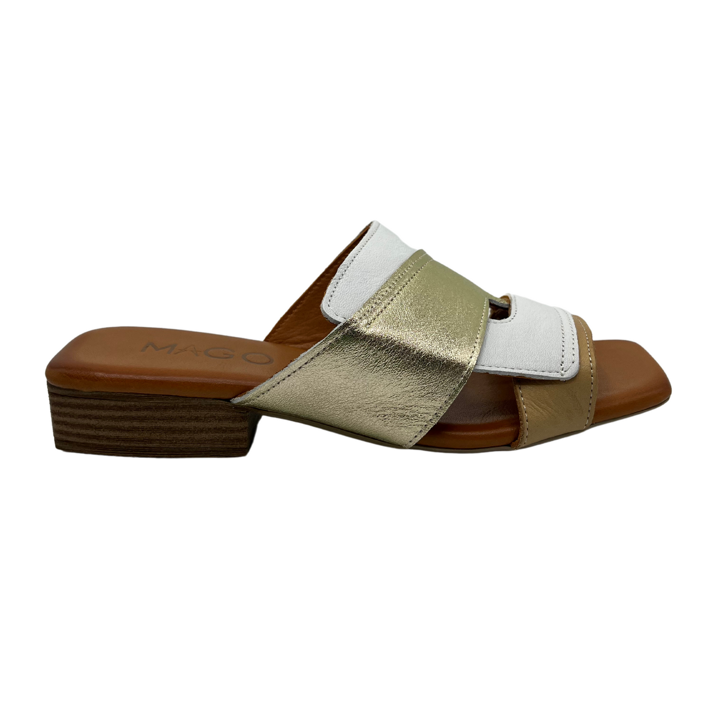 Right facing view with white, gold and tan leather with a square toe and block heel