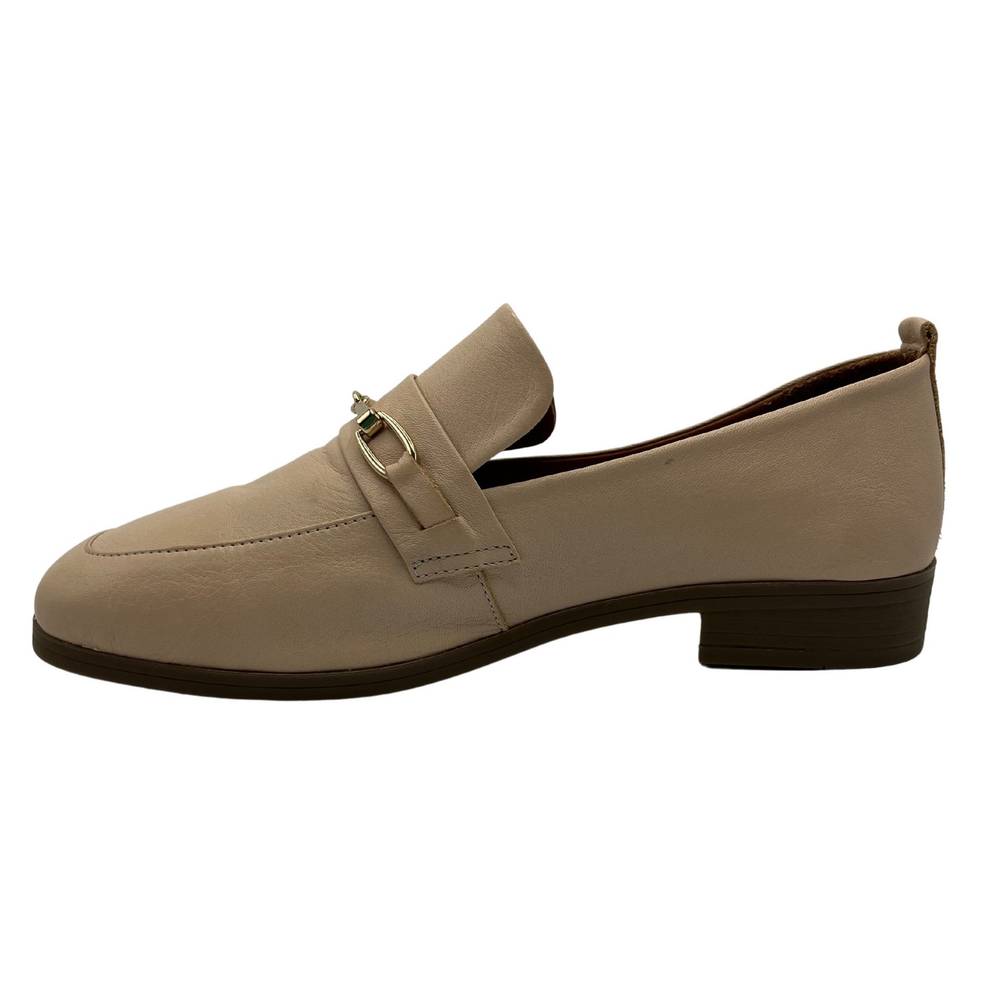 Left facing view of nude leather loafers with gold bit detail, leather lining and short heel