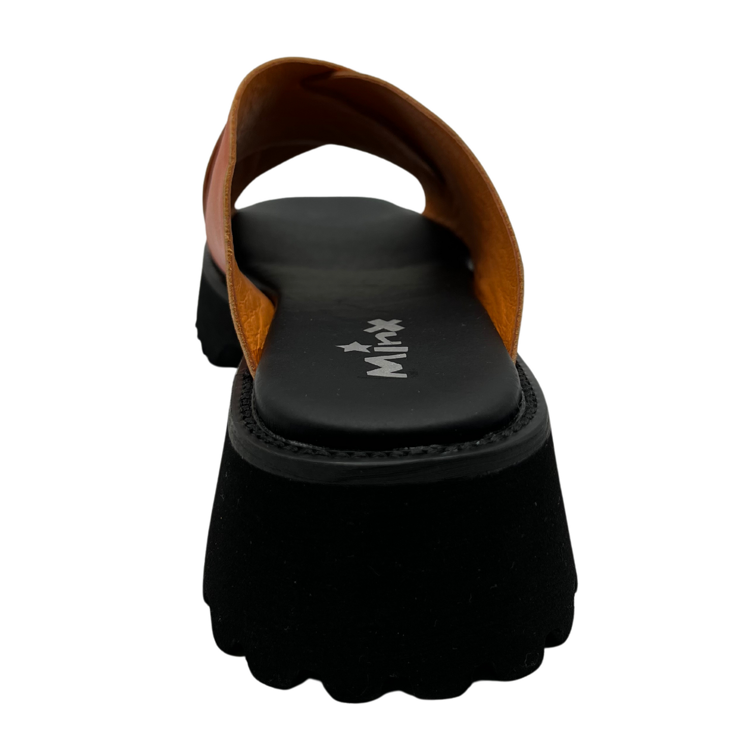Back view of orange leather sandal with thick black sole, cross over straps and open toe