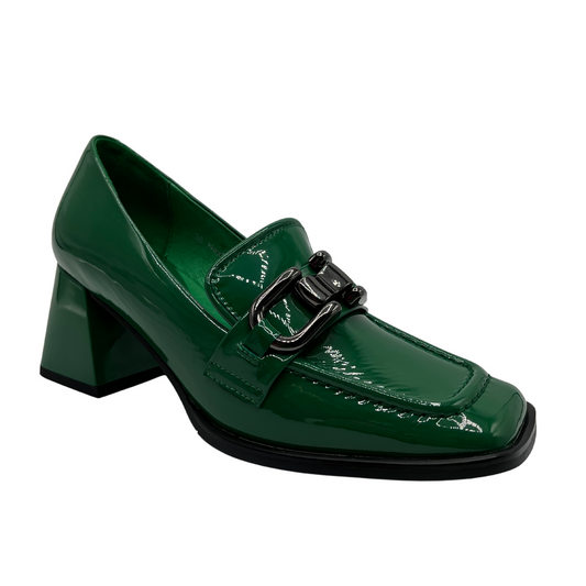 45 degree angled view of green patent leather loafer with flared bock heel, square toe and black bit detail on upper.