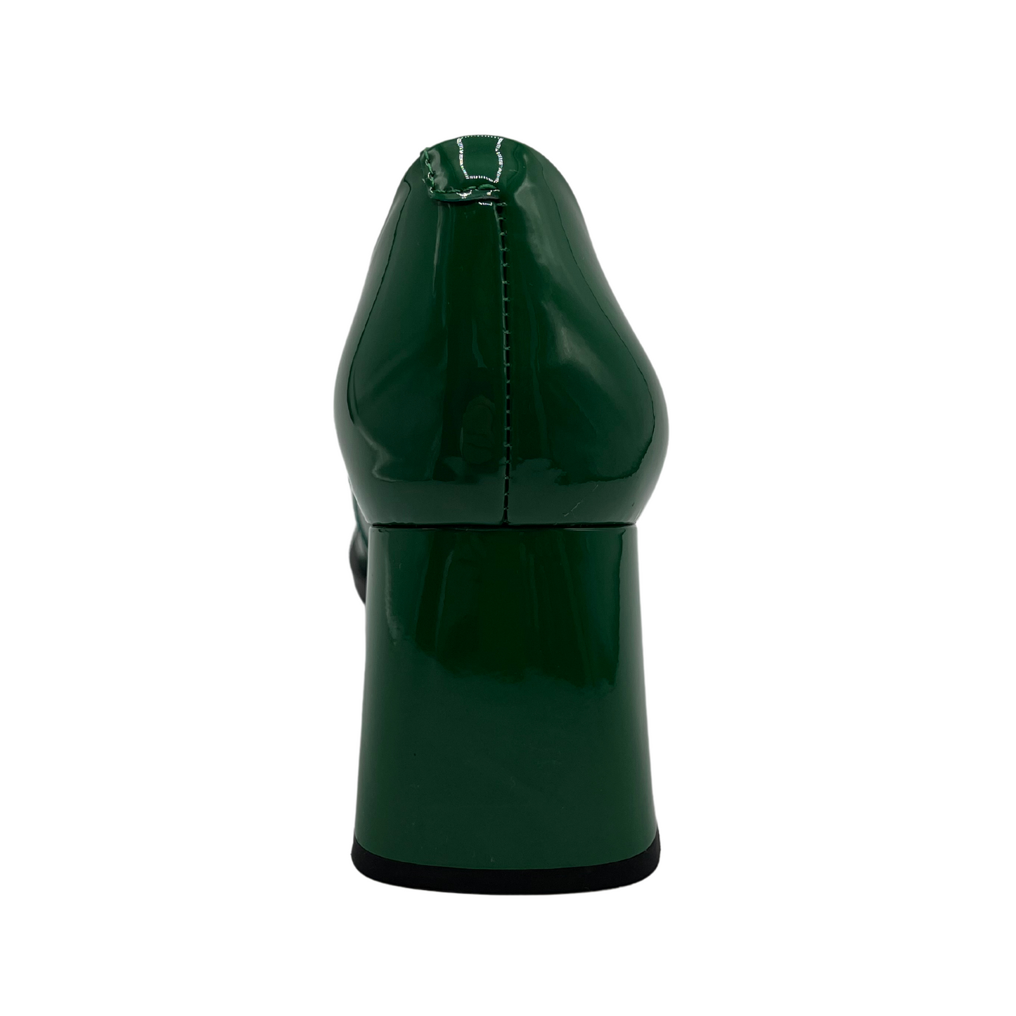 Back view of green patent leather loafer with flared bock heel, square toe and black bit detail on upper.
