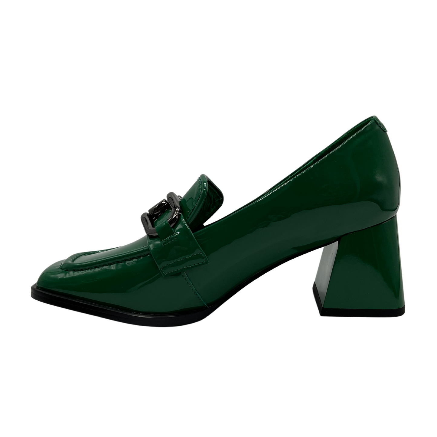 Left facing view of green patent leather loafer with flared bock heel, square toe and black bit detail on upper.