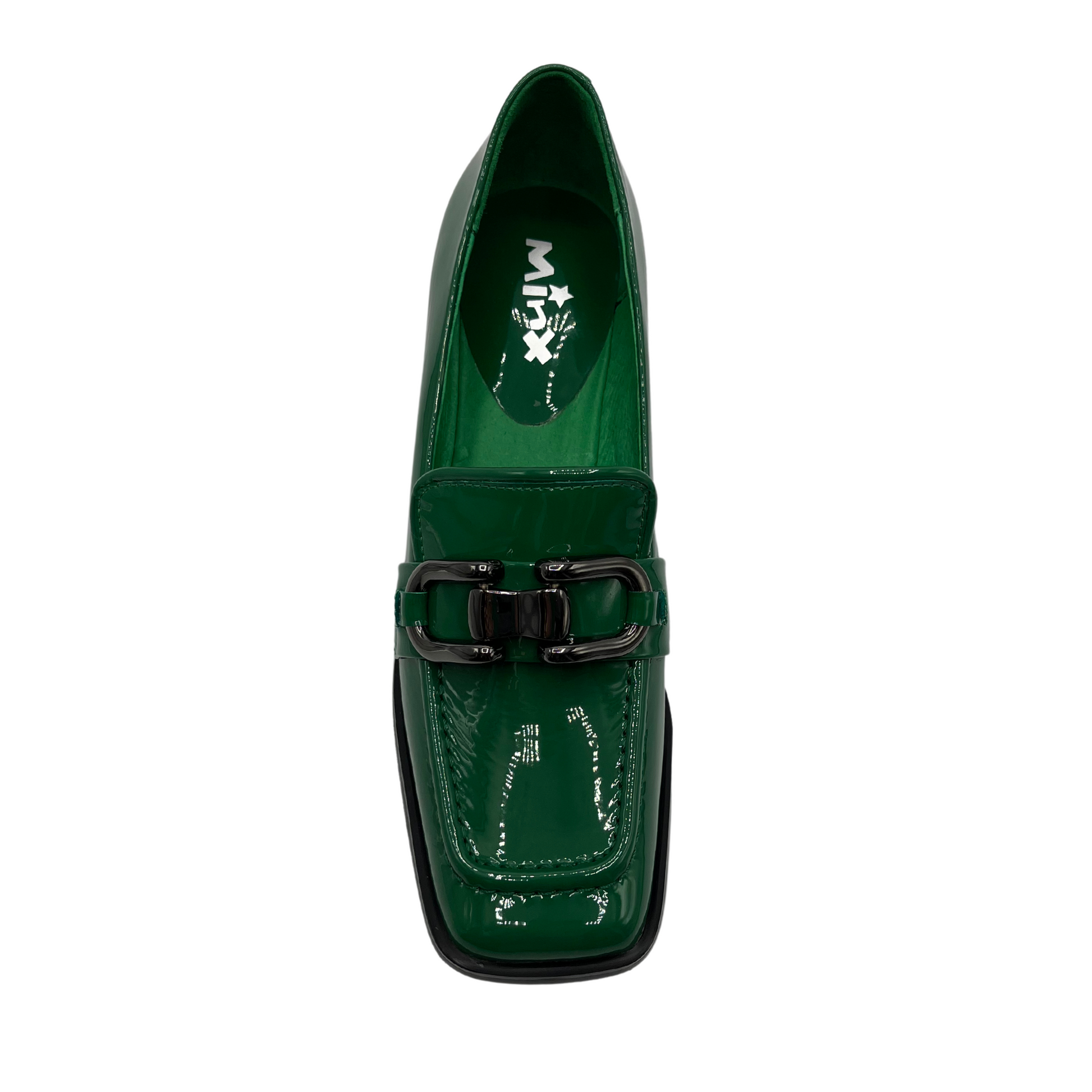 Top view of green patent leather loafer with flared bock heel, square toe and black bit detail on upper.