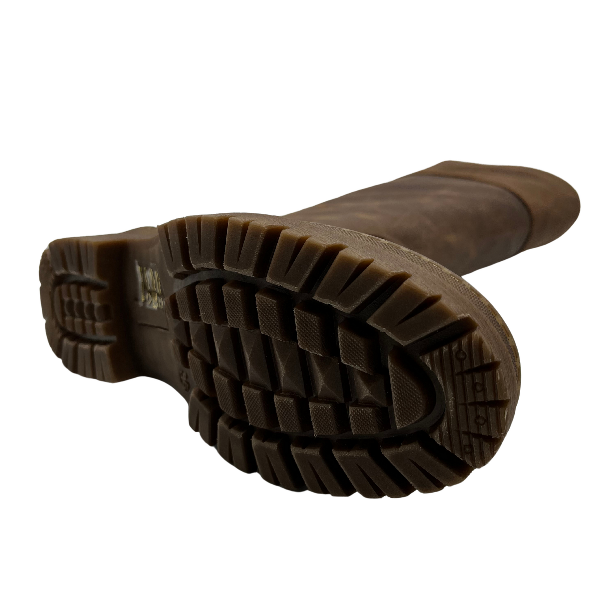 Bottom view of brown leather knee height boot with rubber lug outsole, inside zipper and pull on tab