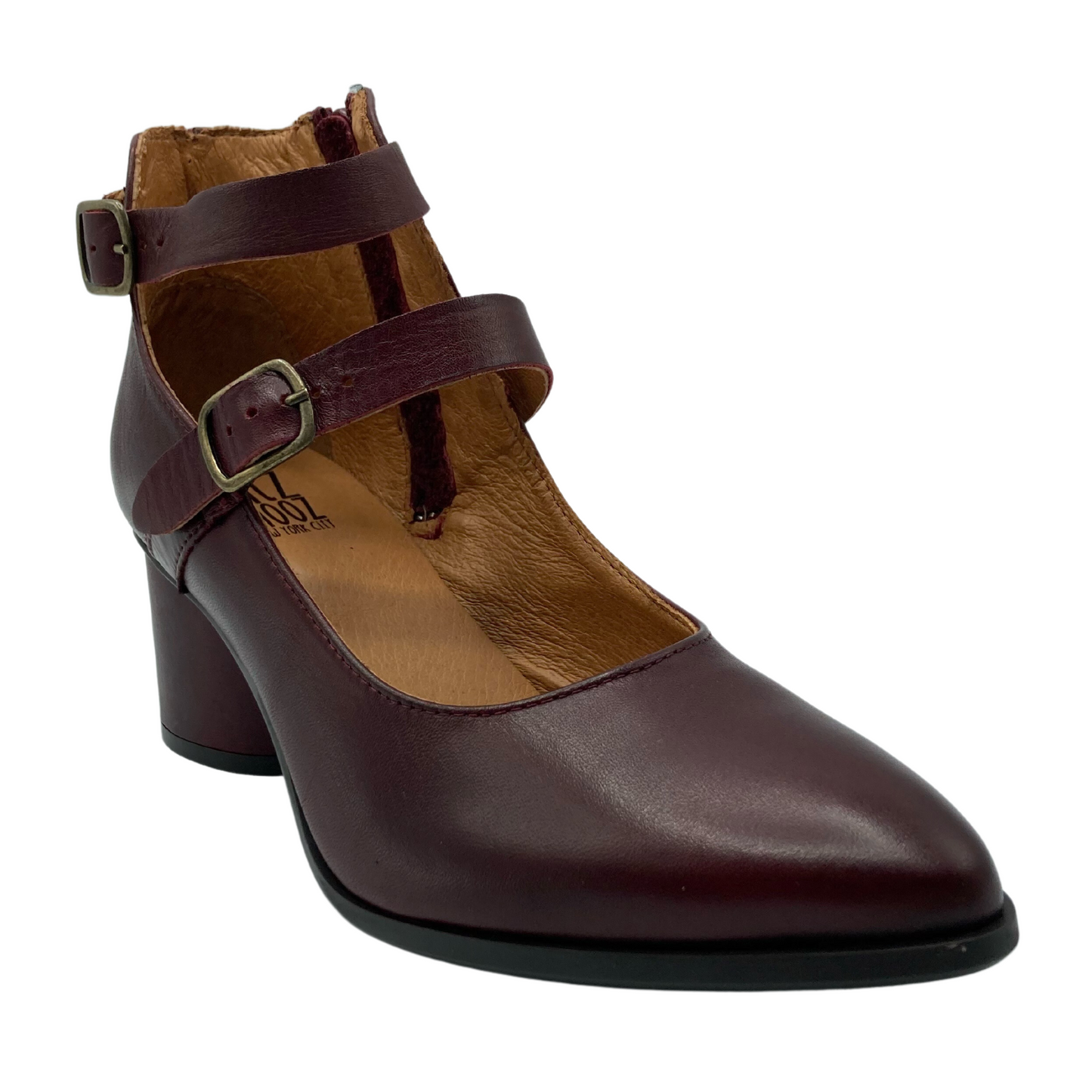 45 degree angled view of leather pointed toe pump with block heel and double straps on upper