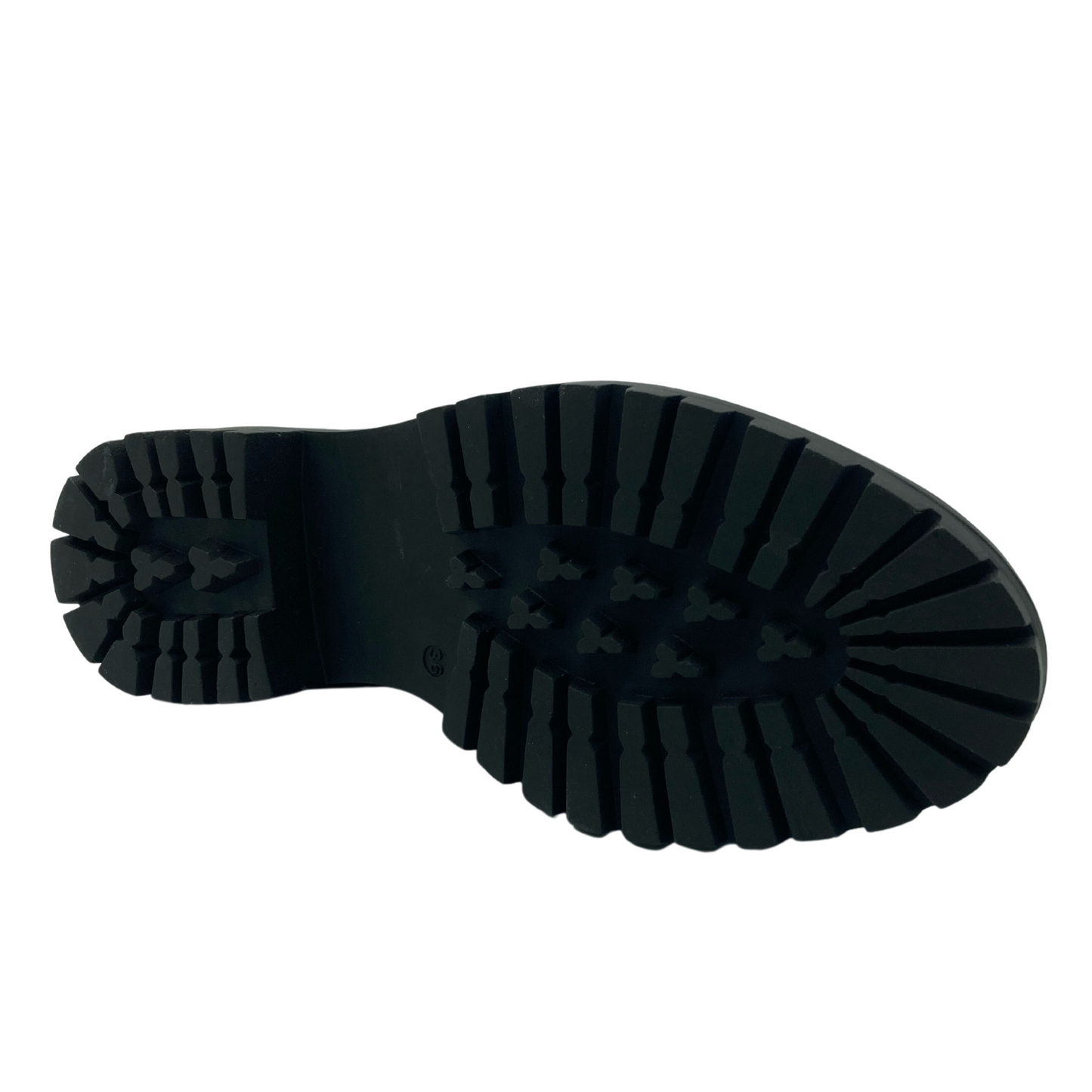 Bottom view of red leather loafer with black rubber sole