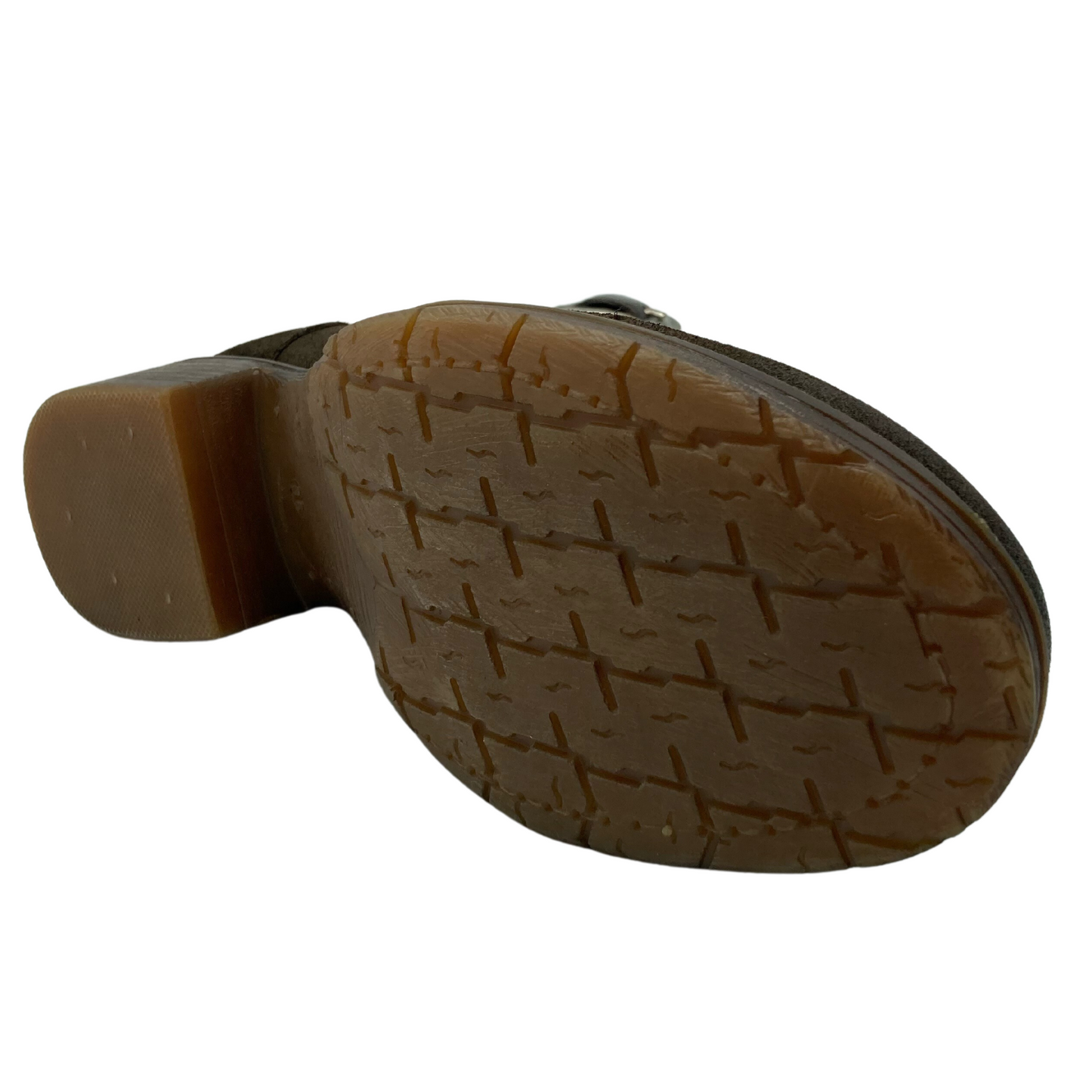 Bottom view of brown suede ankle boot with brown rubber bottom and heel