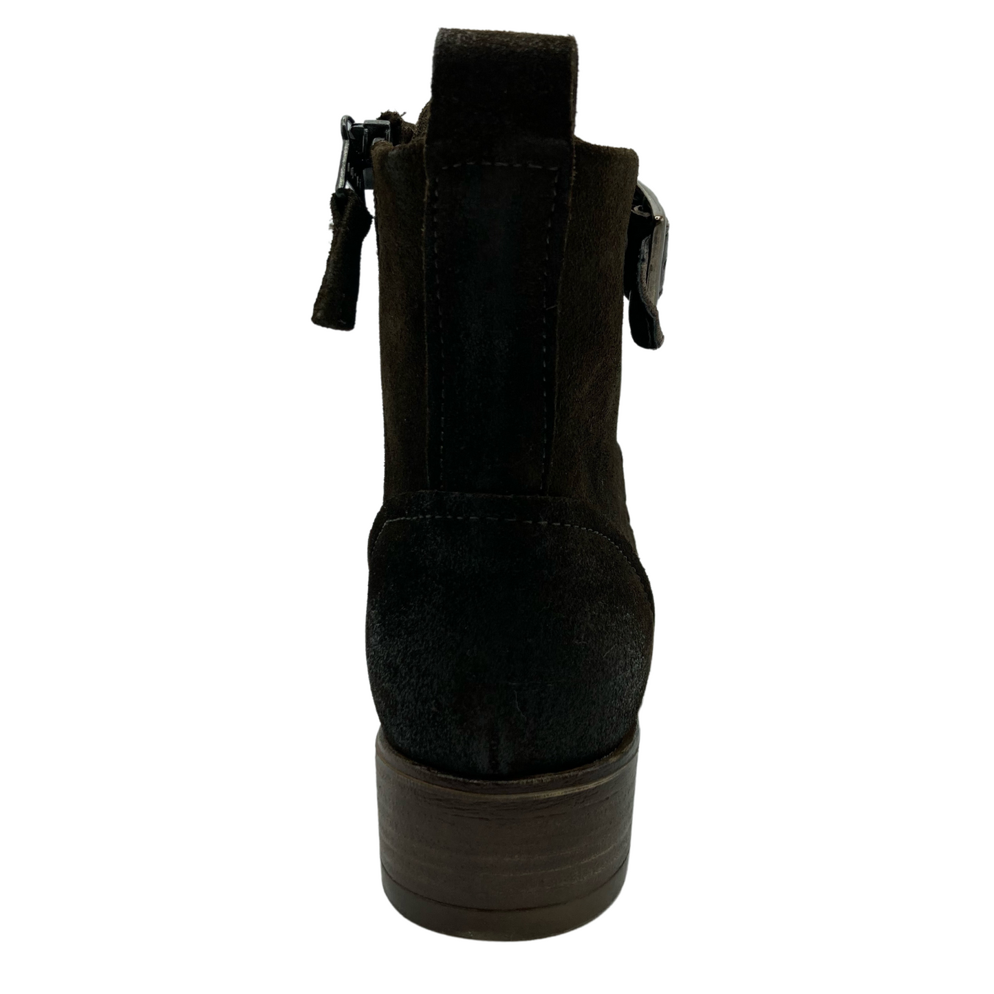 Back view of brown suede ankle boot with block heel and side zipper closure
