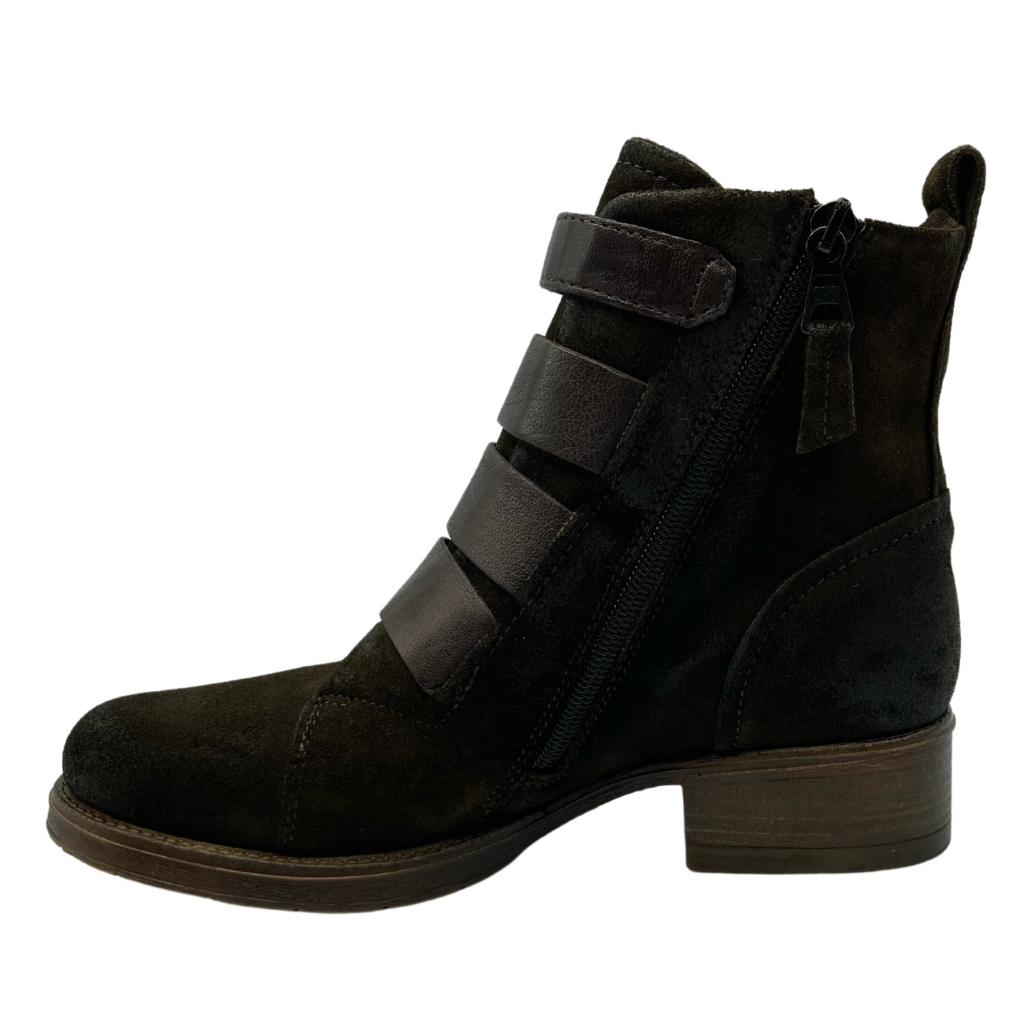 Left facing view of brown suede short boot with block heel and side zipper closure