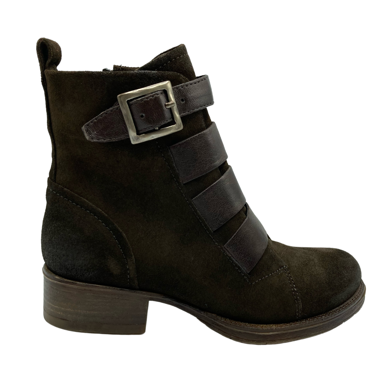 Right facing view of short brown suede boot with block heel and four straps on upper