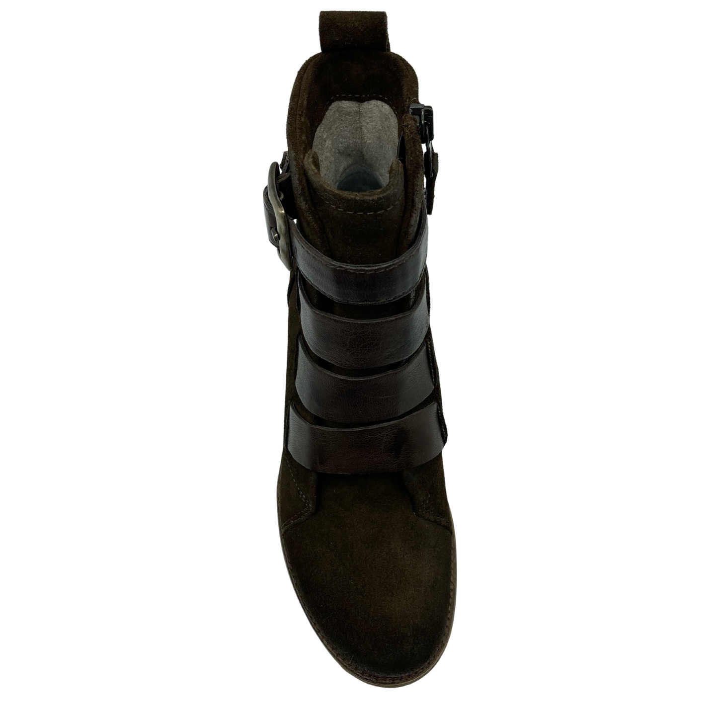 Top view of brown suede short boot with four straps on upper, side zipper closure and buckle