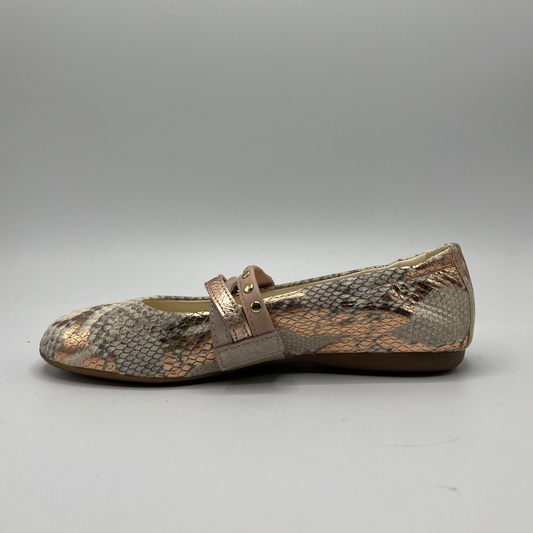 Left facing view of a metallic pink and snake print ballet flat with a leather upper and lining.