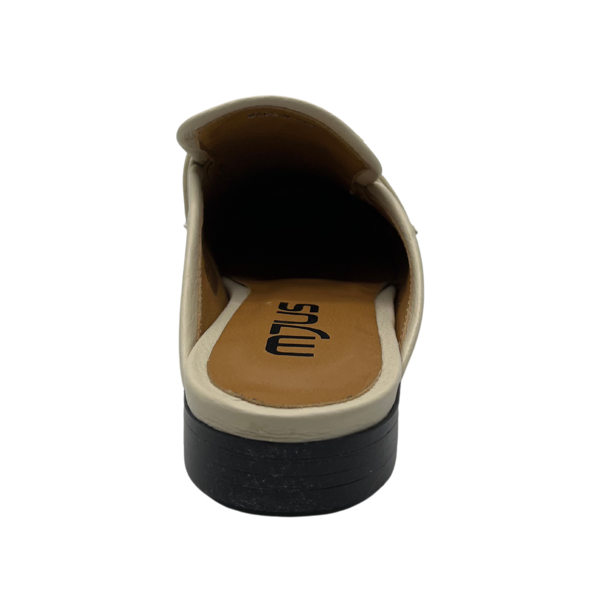 Back view of latte leather slip on loafer with short block heel