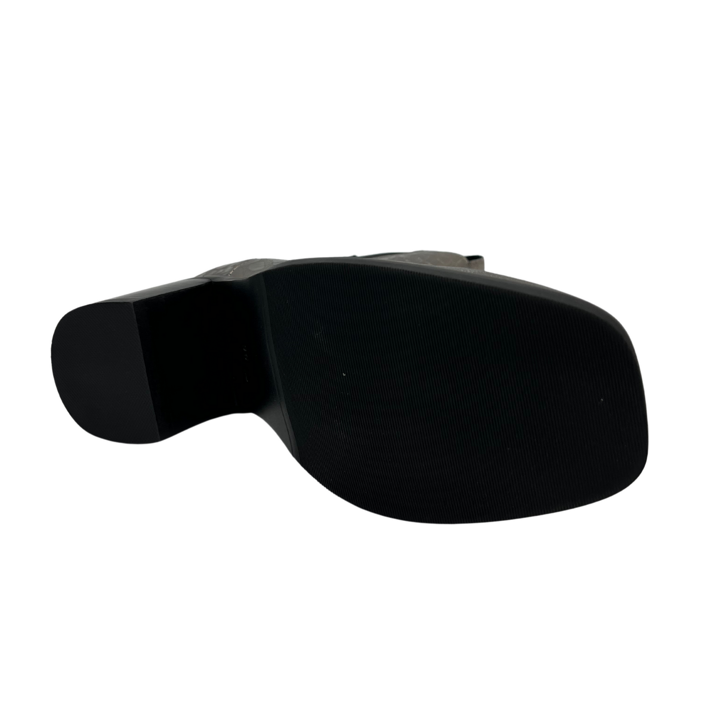 Bottom view of pewter croc leather short boot with elastic side gores, double pull on tabs and block heel