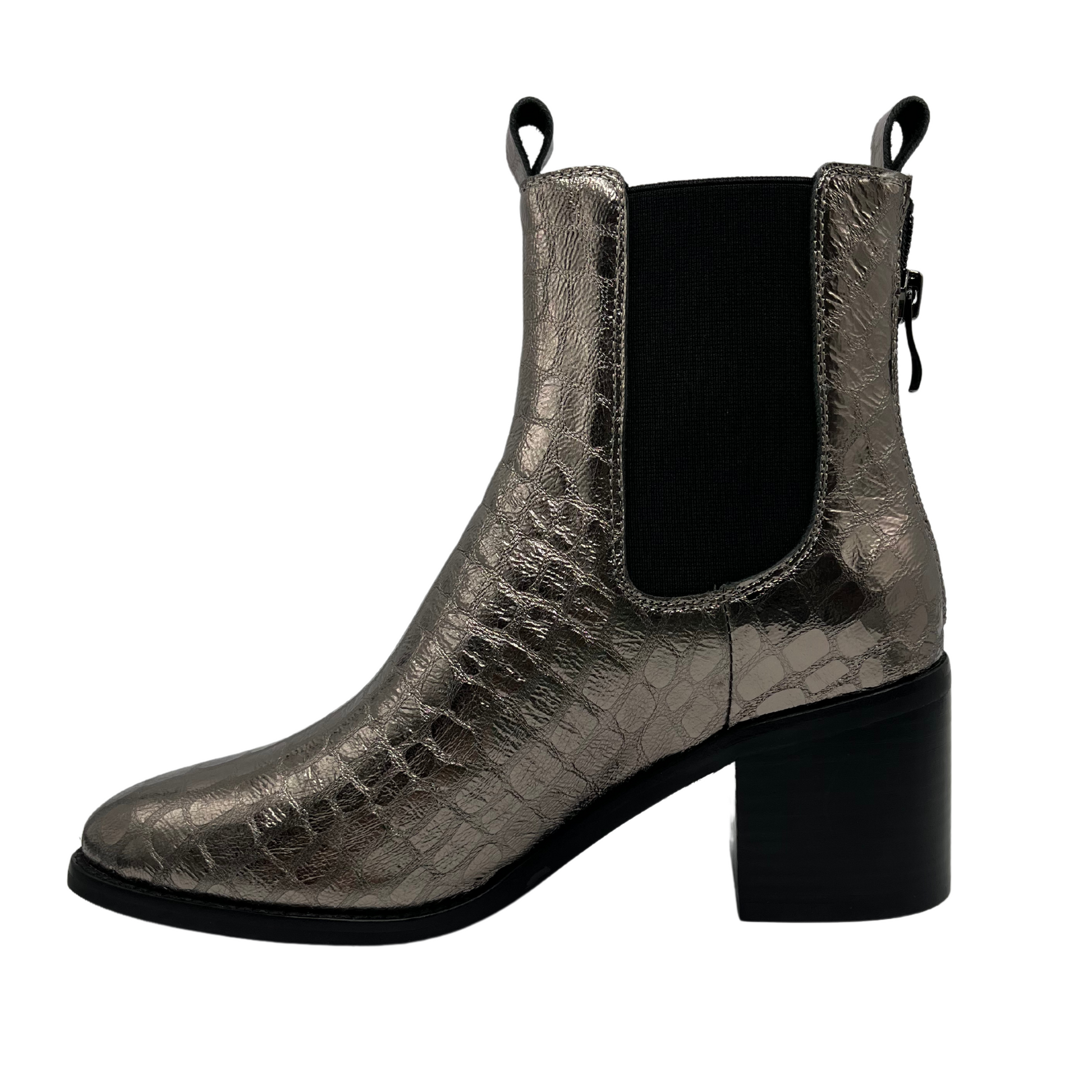 Left facing view of pewter croc leather short boot with elastic side gores, double pull on tabs and block heel