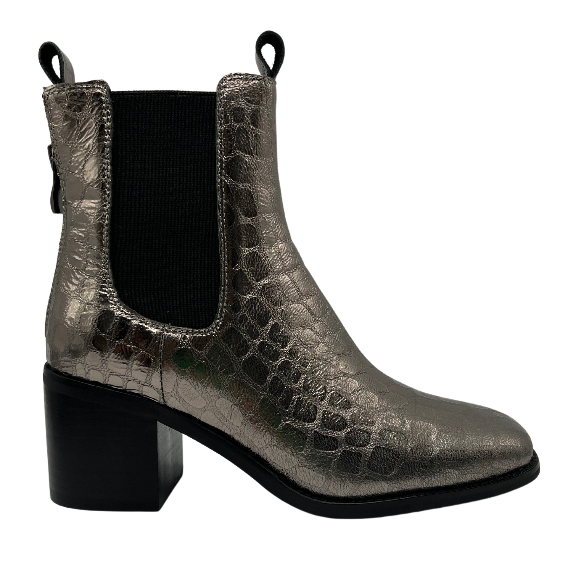 Right facing view of pewter croc leather short boot with elastic side gores, double pull on tabs and block heel