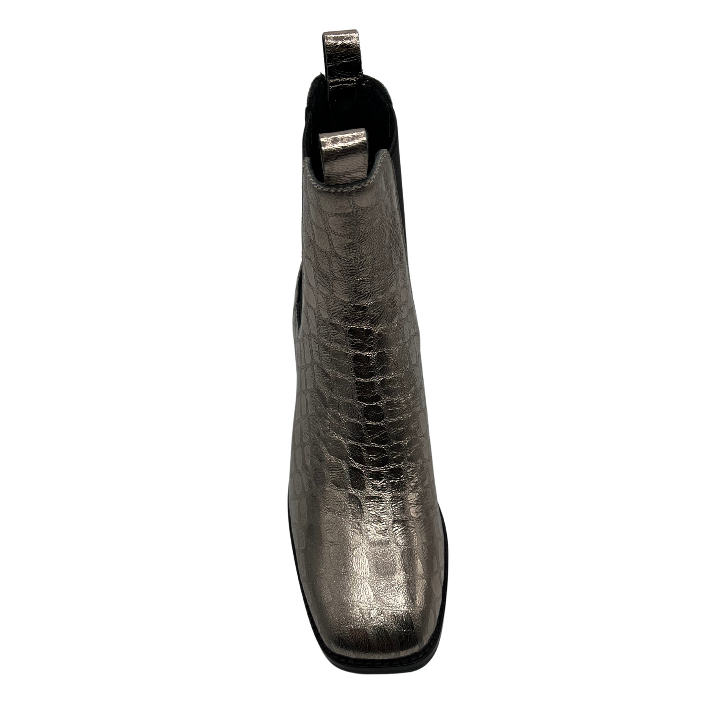 Top view of pewter croc leather short boot with elastic side gores, double pull on tabs and block heel