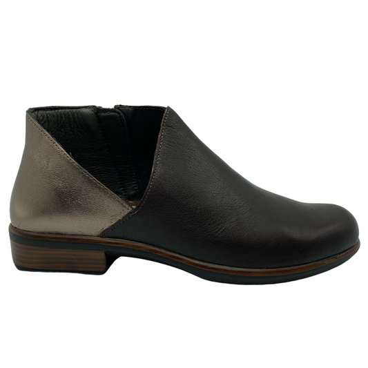 Right facing view of brown and copper leather cut-out ankle bootie with block heel