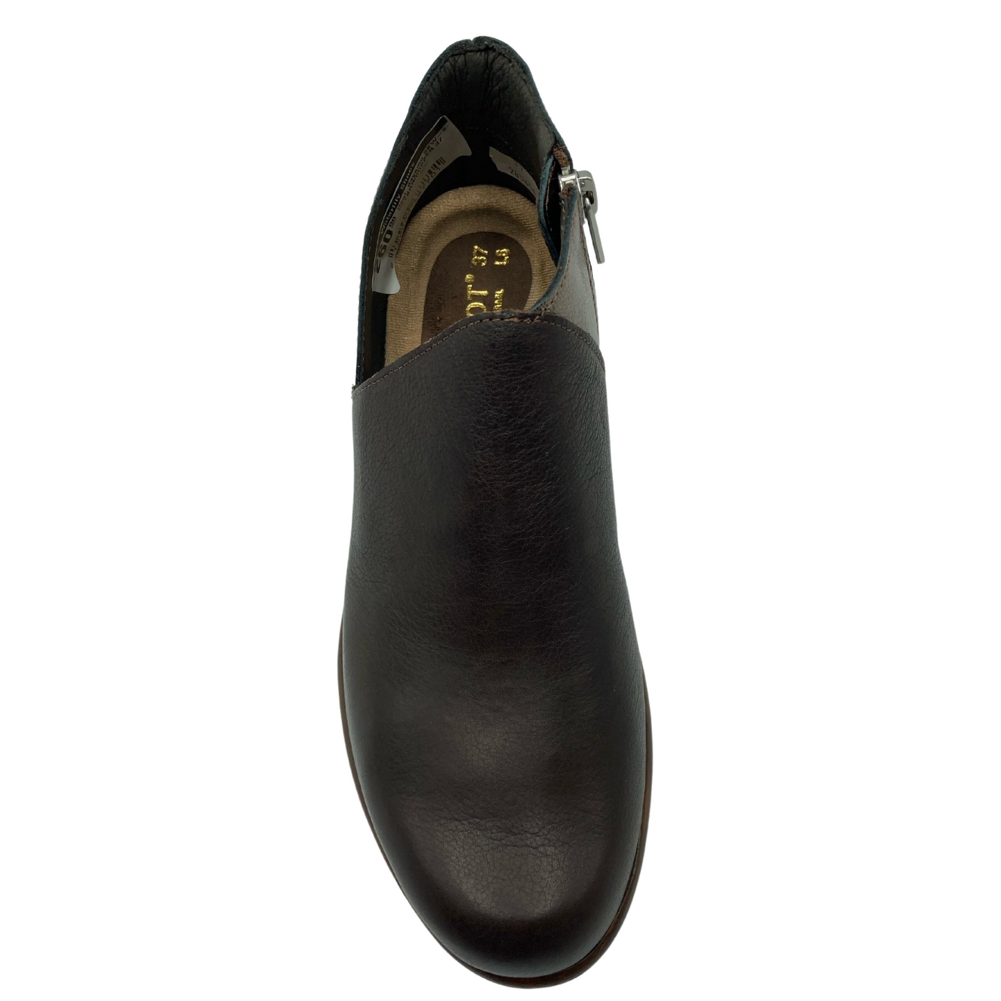 Top view of brown leather ankle bootie with rounded toe and zipper detail