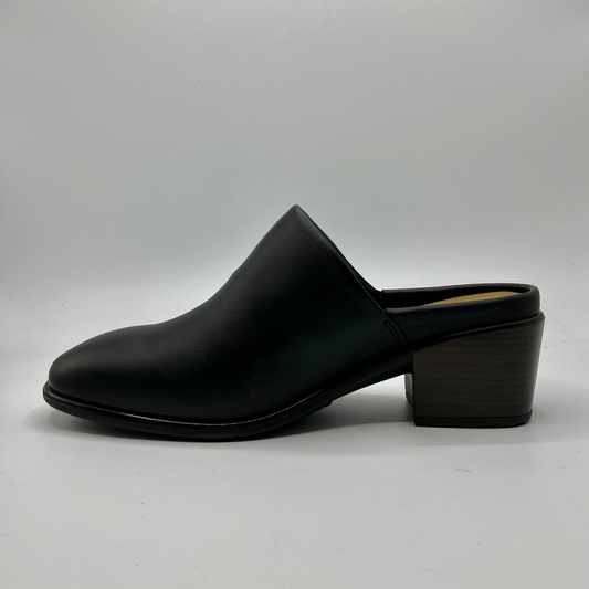 Black leather clog shoe on a white background