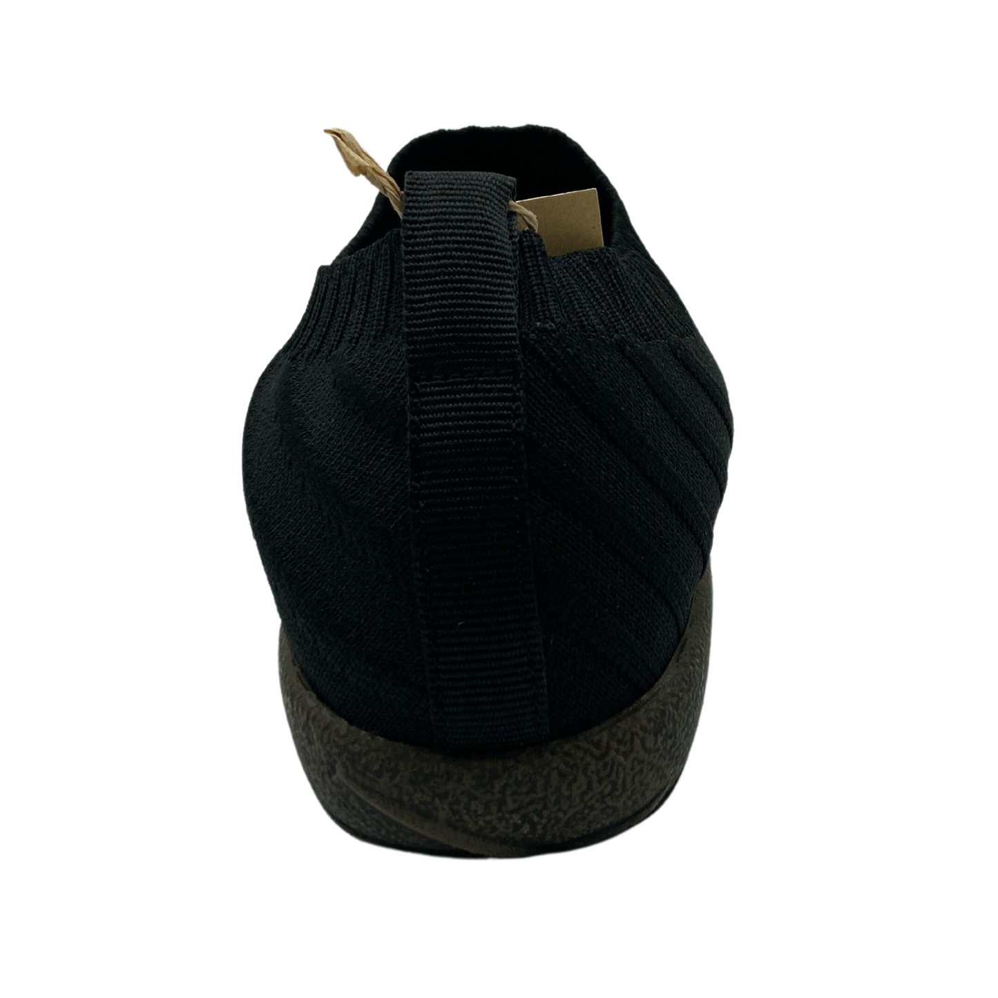 Back view of black vegan sneaker with textile pull on tab and polyurethane sole