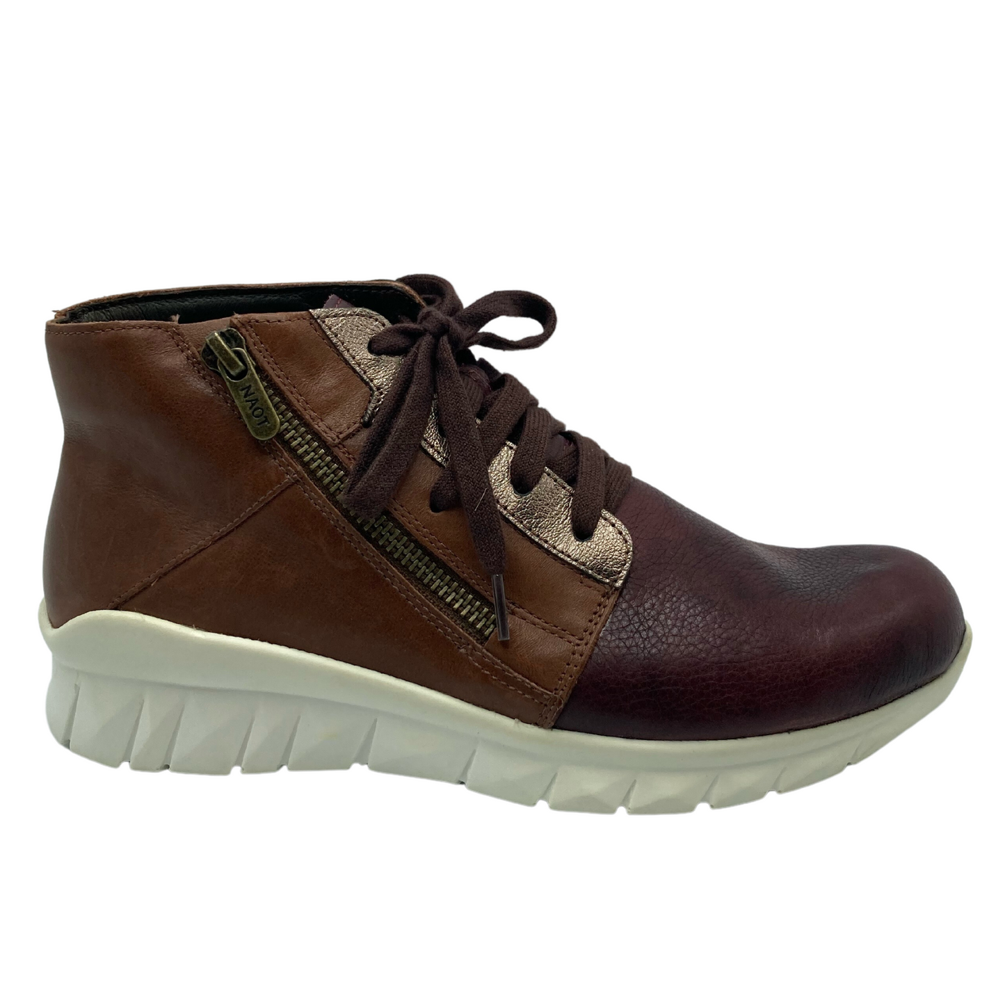 Right facing view of leather ankle height sneaker with white sole and zipper closure