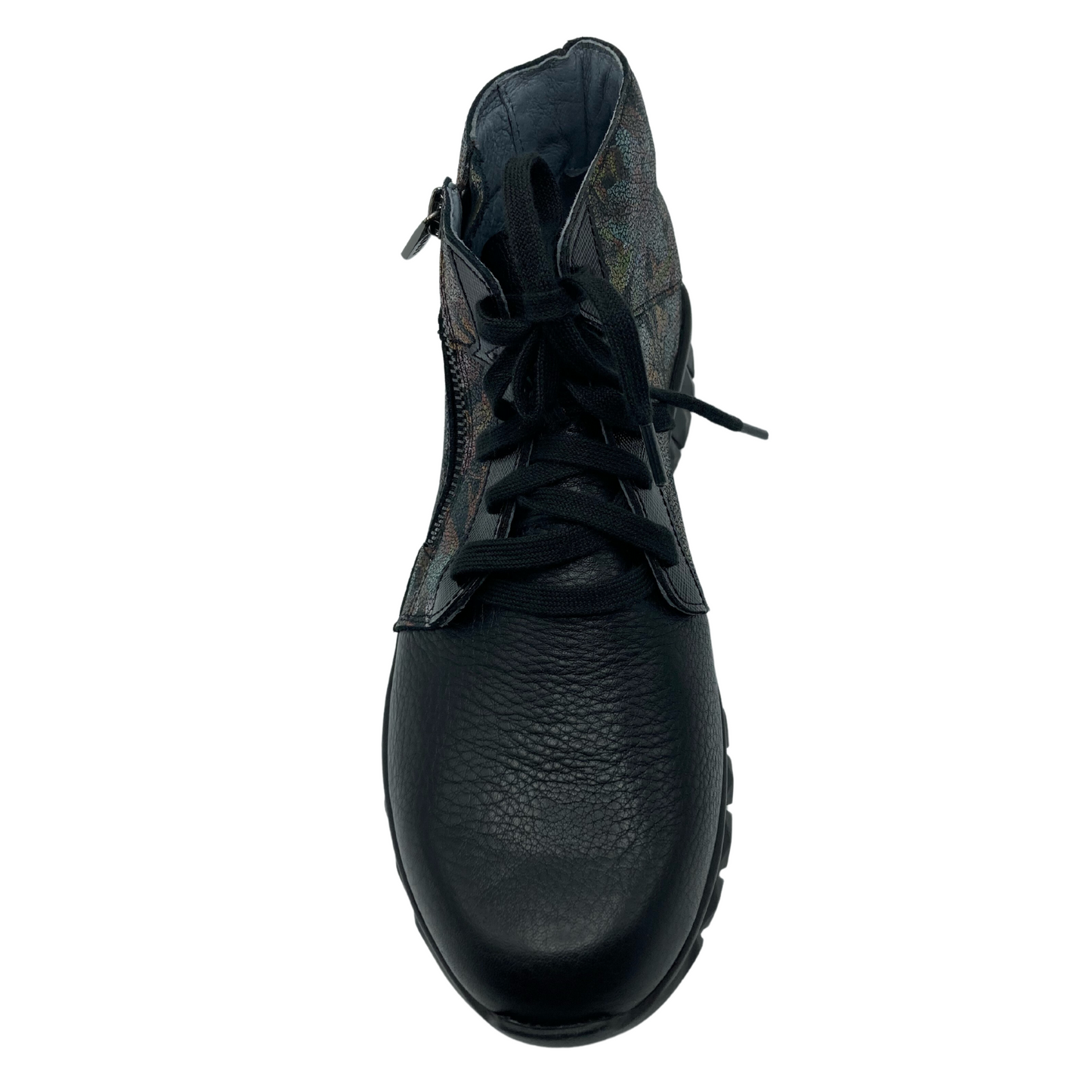 Top view of black and floral leather sneaker with matching laces and black outsole