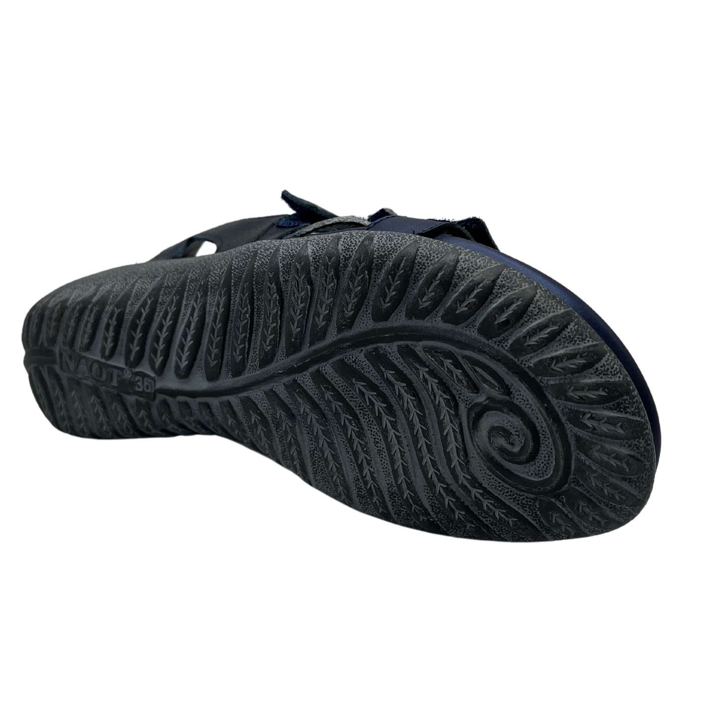 Bottom view of navy leather sandal with 3 velcro straps, wedge sole and metallic detail