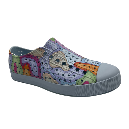 45 degree angled view of colourful EVA slip on shoes with rounded toe and perforated upper