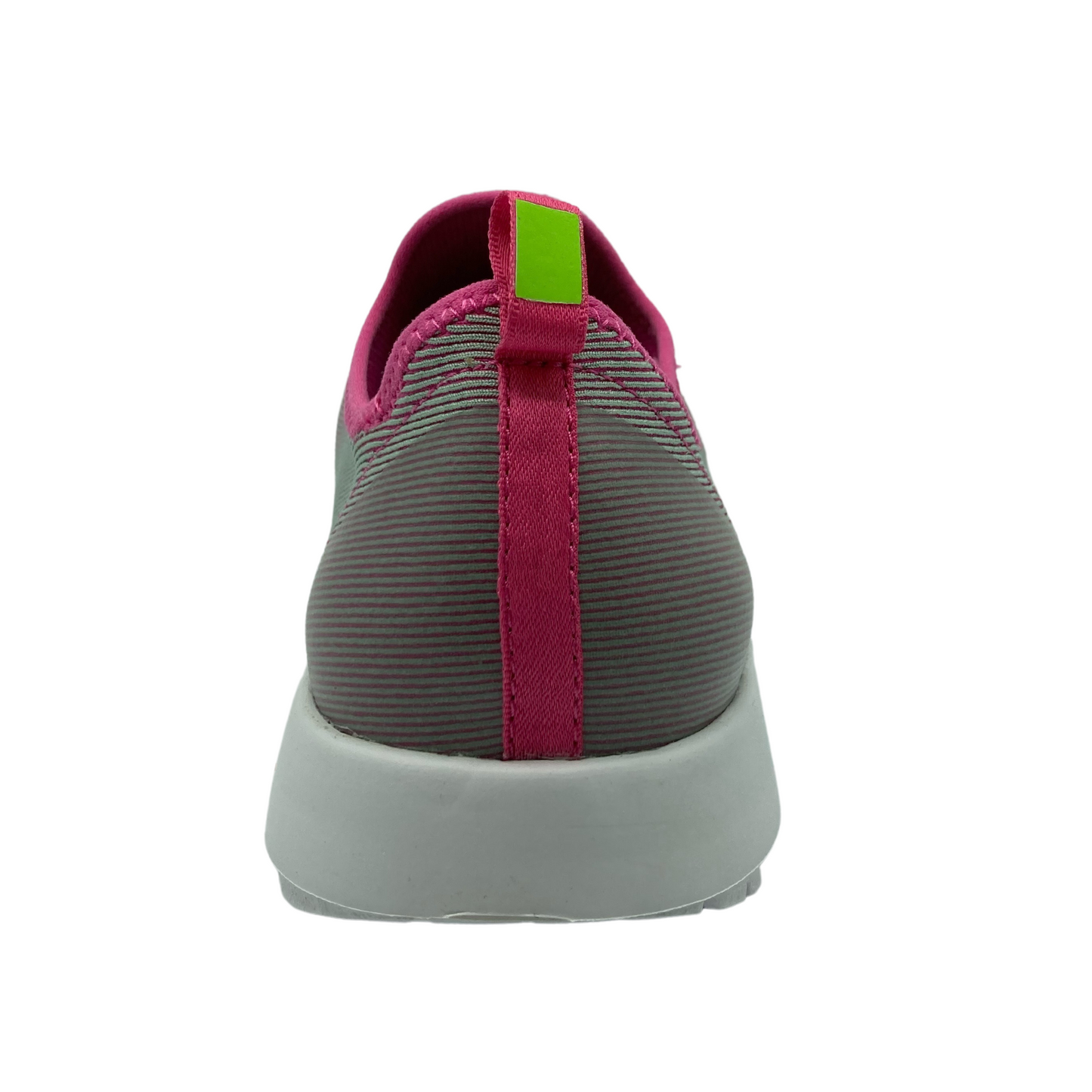 Heel view of sneaker with white sole and fuchsia and green pull tab