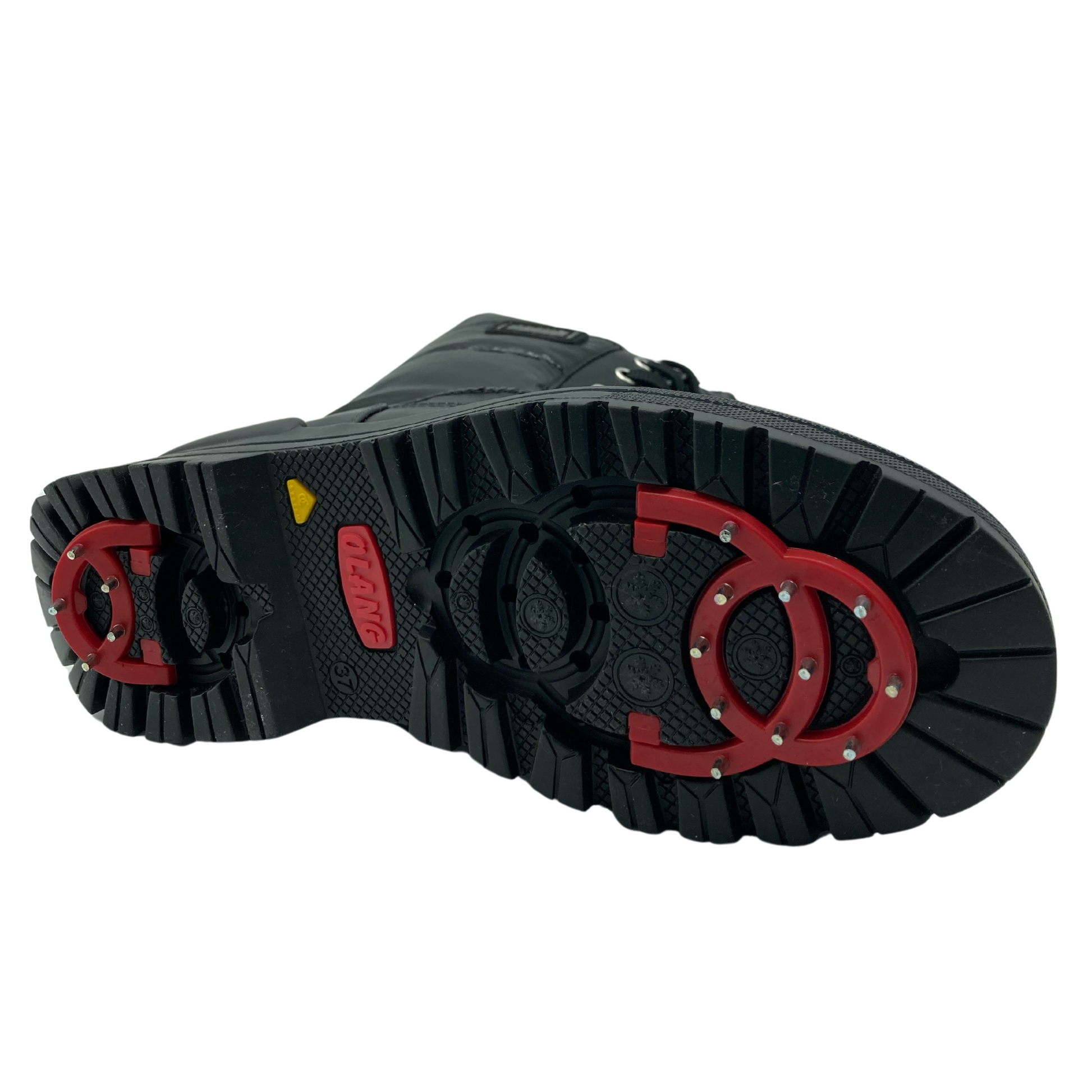 Bottom view of black cold weather boot with snow traction spikes out