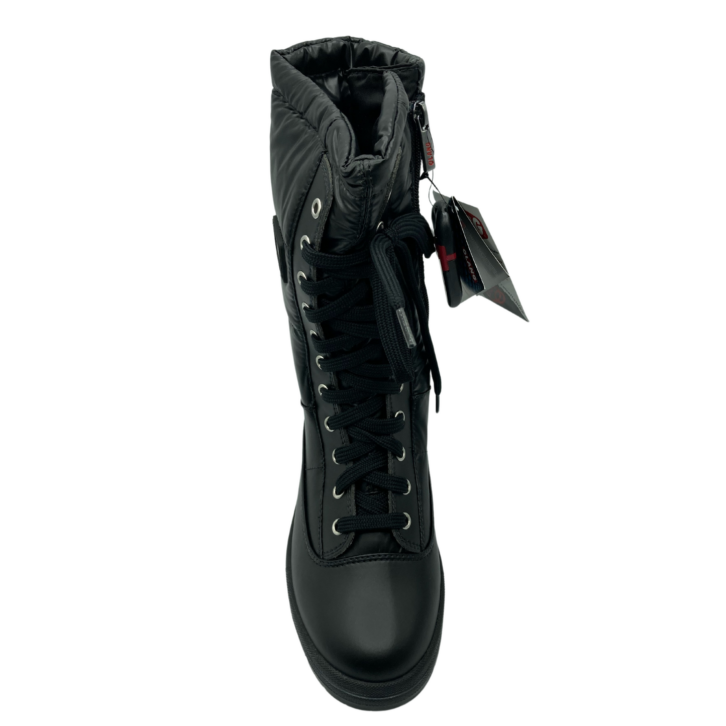 Top view of black cold weather boot with lace up closure
