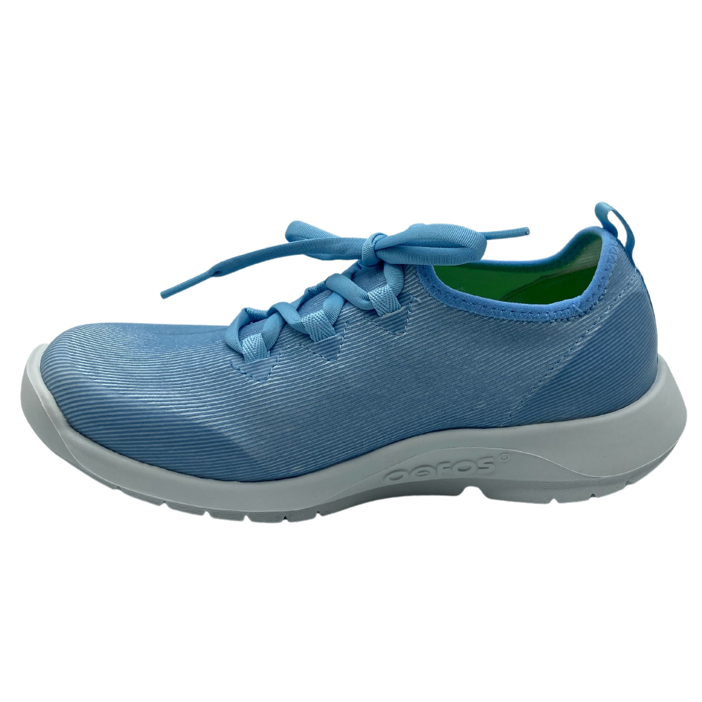 Left facing view of blue and white sneaker. Blue laces and white sole