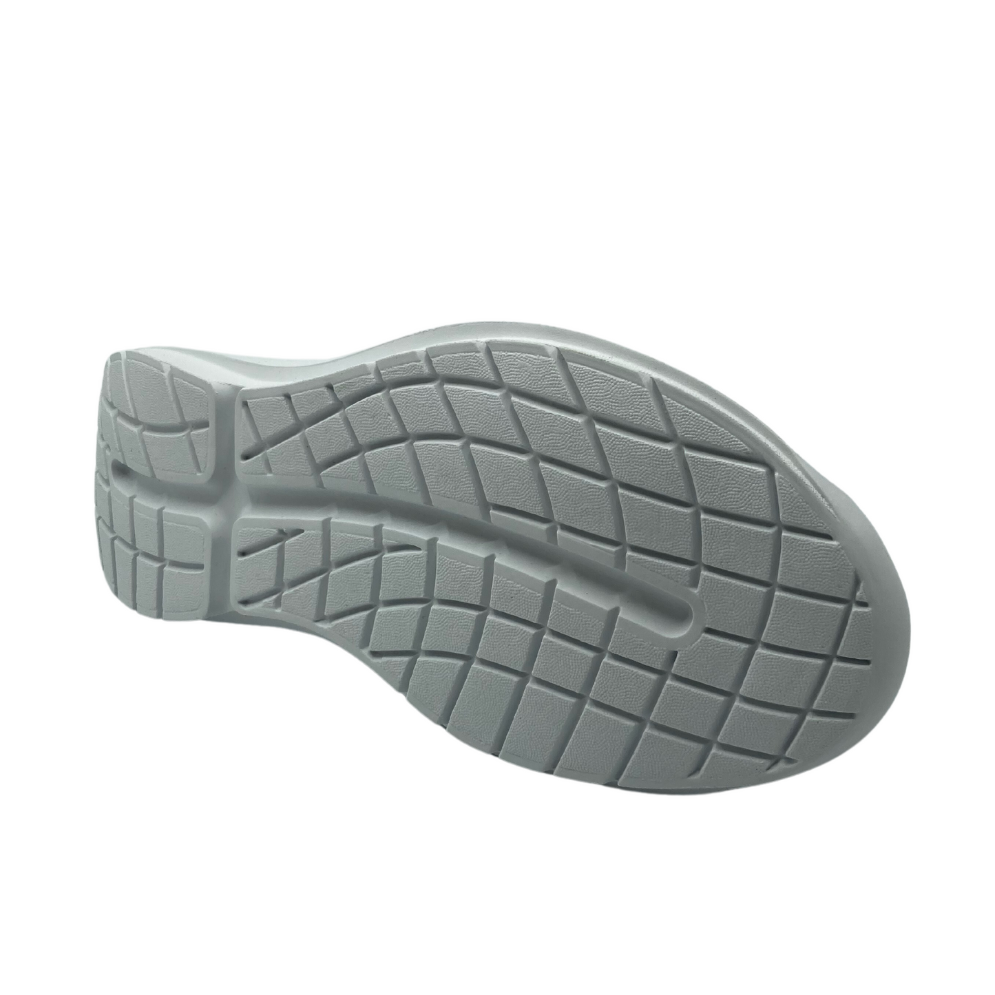 View of the bottom of navy sneaker with white sole