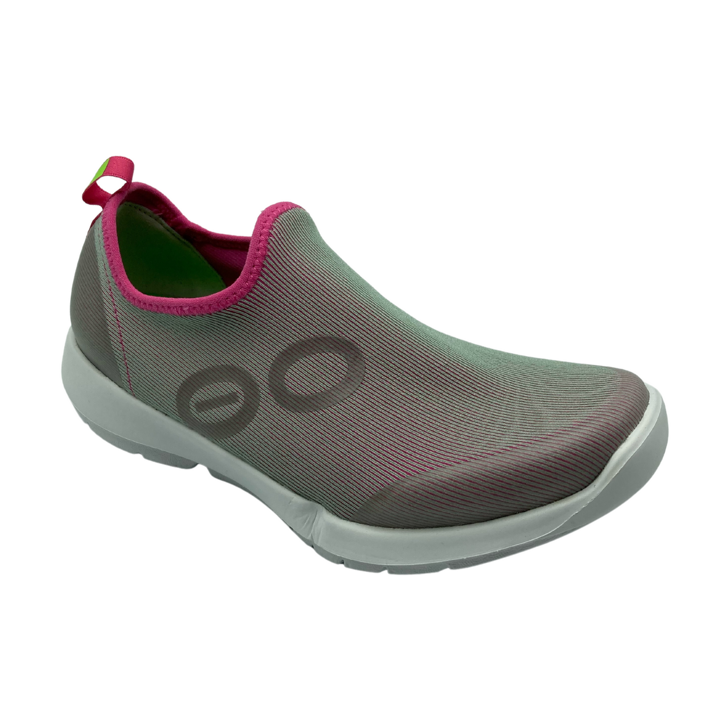 45 degree angled view of fuchsia and white sneaker with white rubber sole