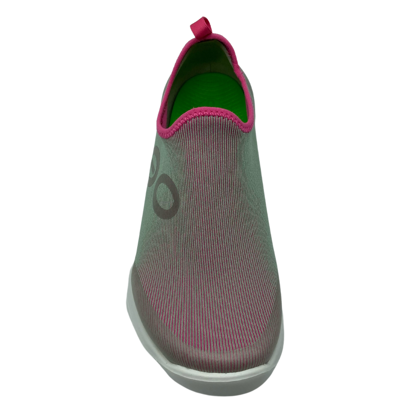 Top view of sneaker with fuchsia pull on tab and green coloured insole