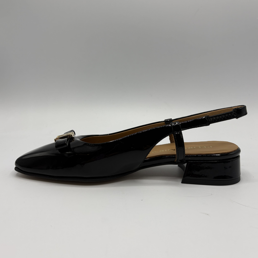Left view of a black patent leather slingback shoe with a wrapped heel