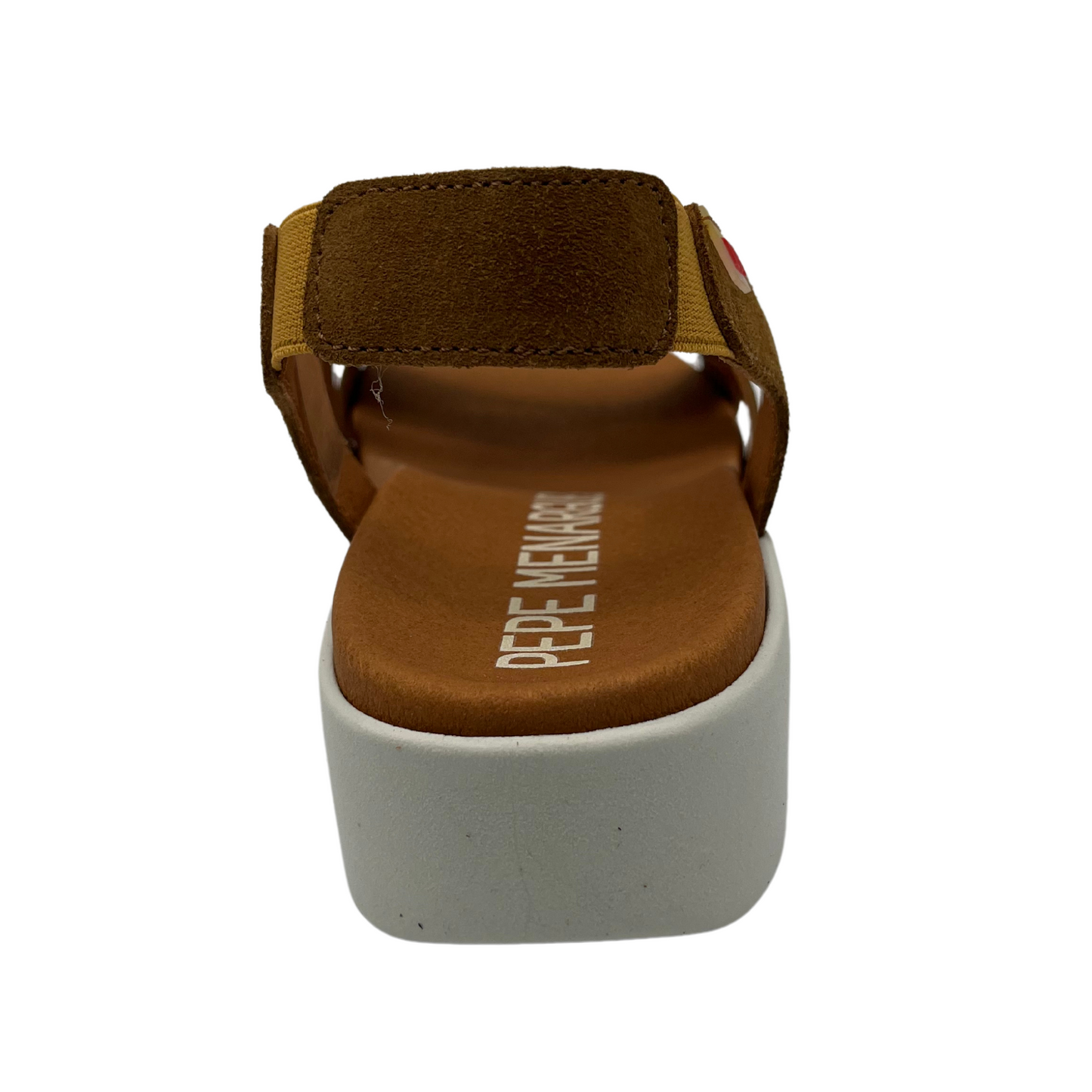 Back view of brown suede sandal with white rubber outsole and elastic slingback strap