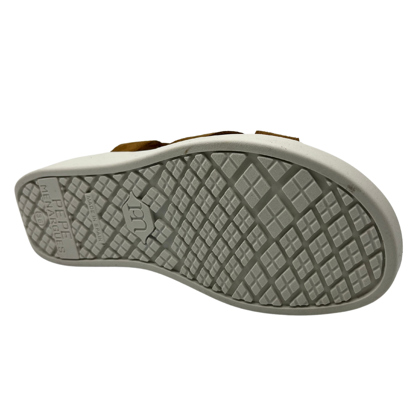 Bottom view of brown suede sandal with white rubber outsole
