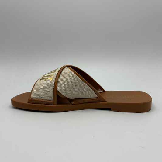 Brown sandal with beige mesh on a white background