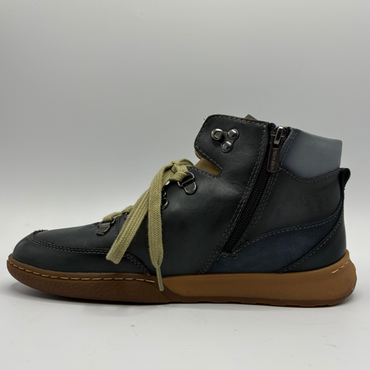 Left facing view of a leather short boot with a lace up front and a side zipper closure