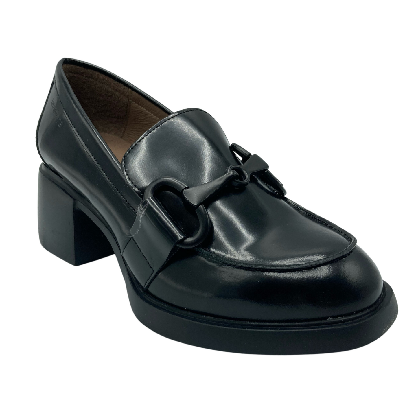 Angled view of black glossy leather heeled loafer with bit ornament