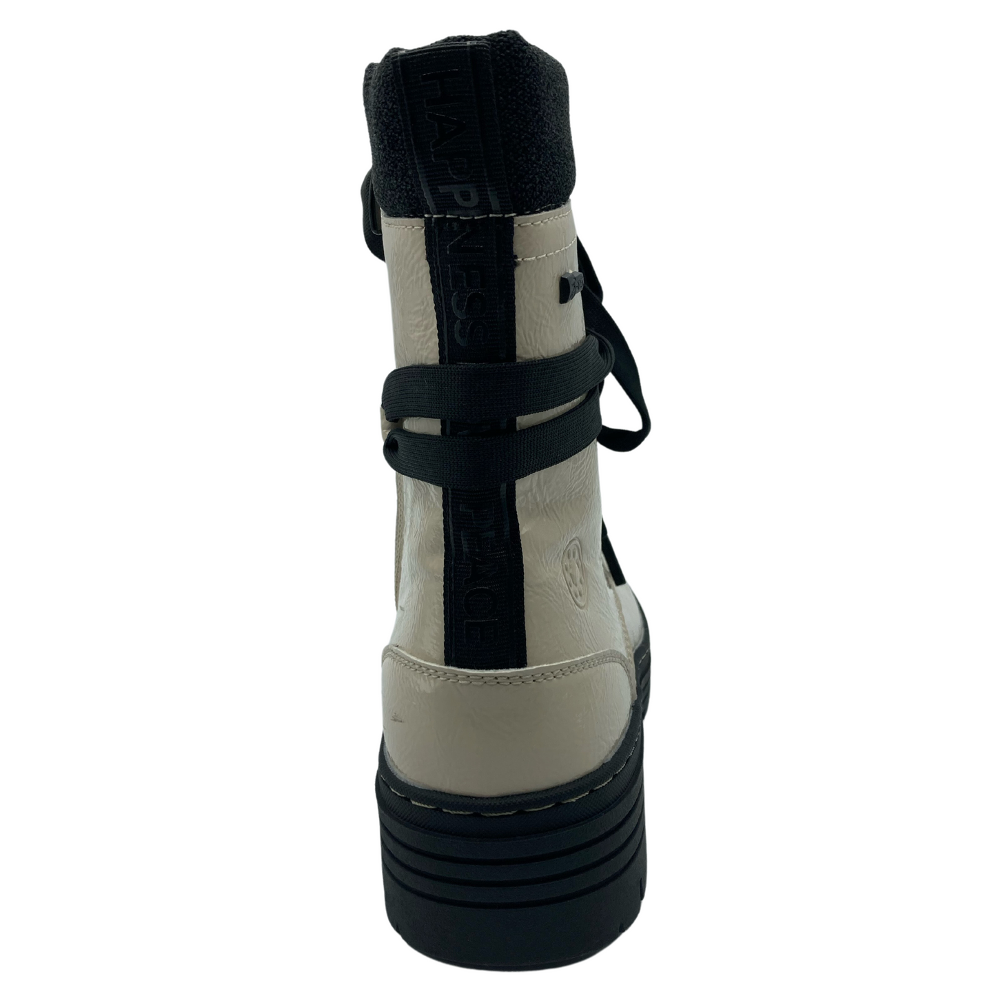 Back view of beige synthetic patent leather boot with black rubber outsole and black laces