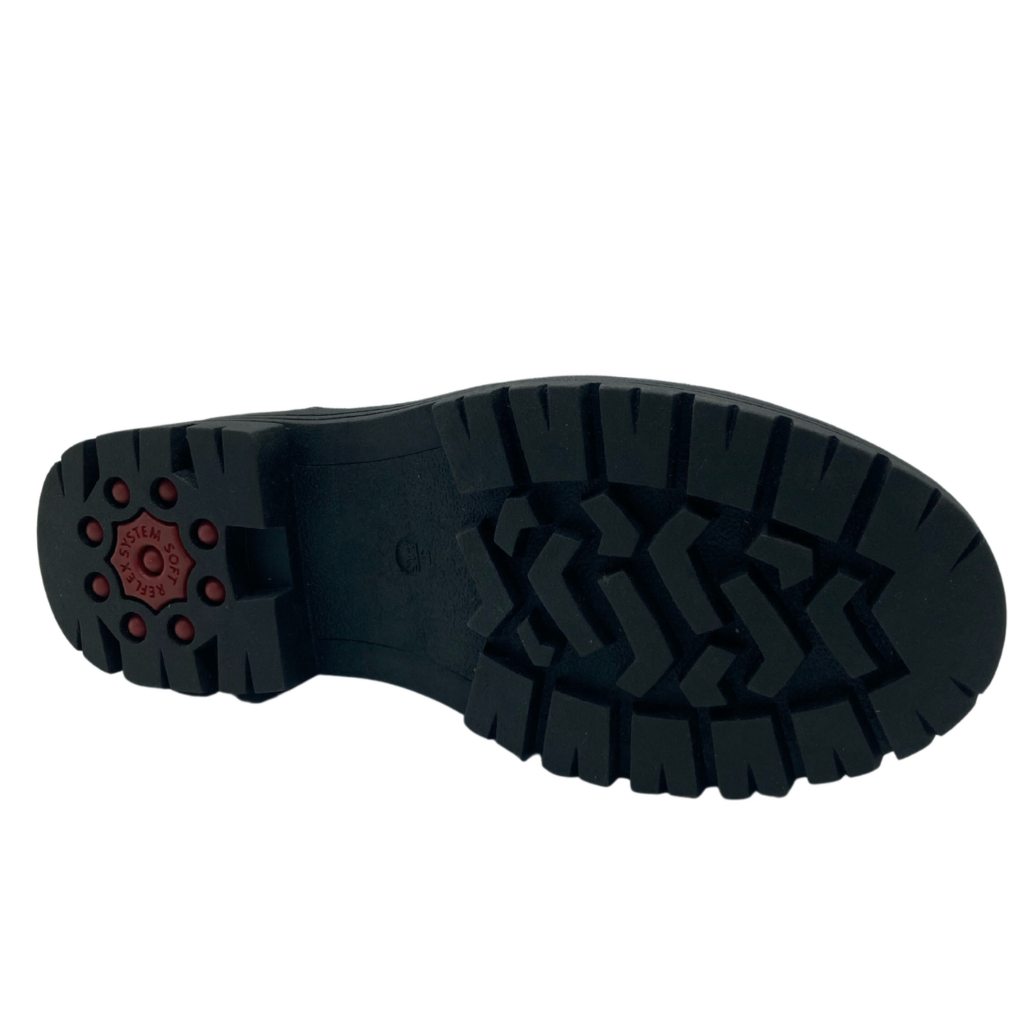 Bottom view of synthetic short boot with black rubber outsole