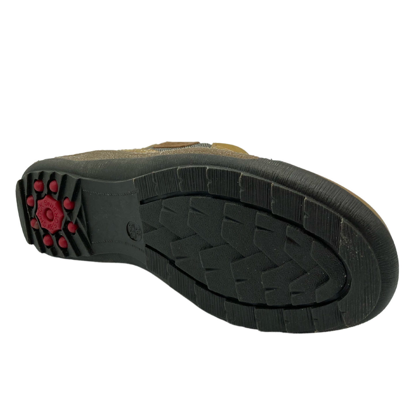 Bottom view of short boot with black rubber outsole
