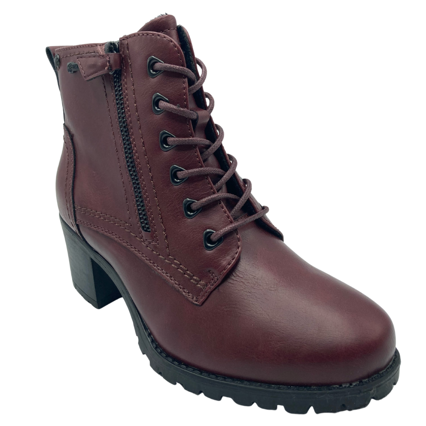 45 degree angled view of faux leather wine coloured bootie with rounded toe and black block heel. Wine coloured laces and side zipper closure