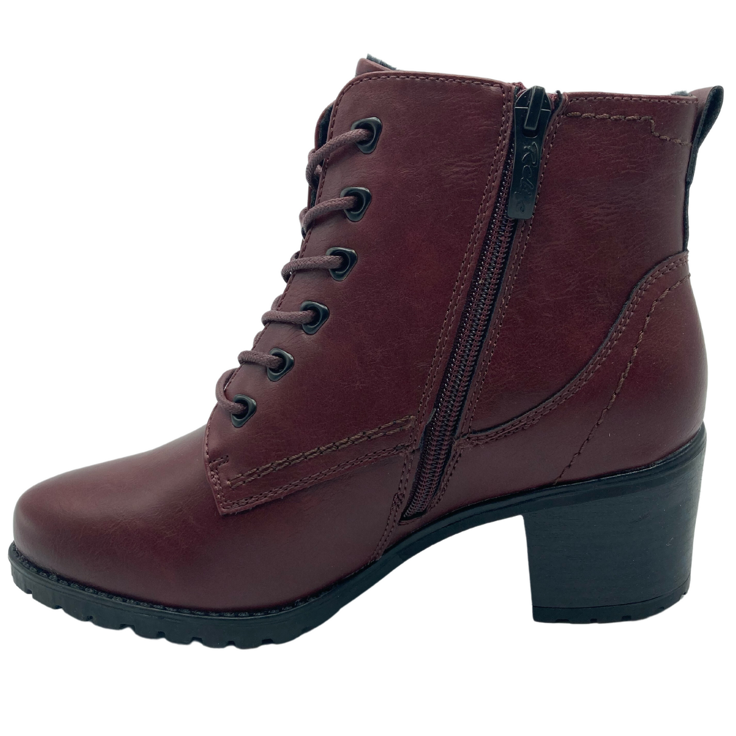 Left facing view of faux leather bootie with black sole and block heel with matching laces and zipper closure