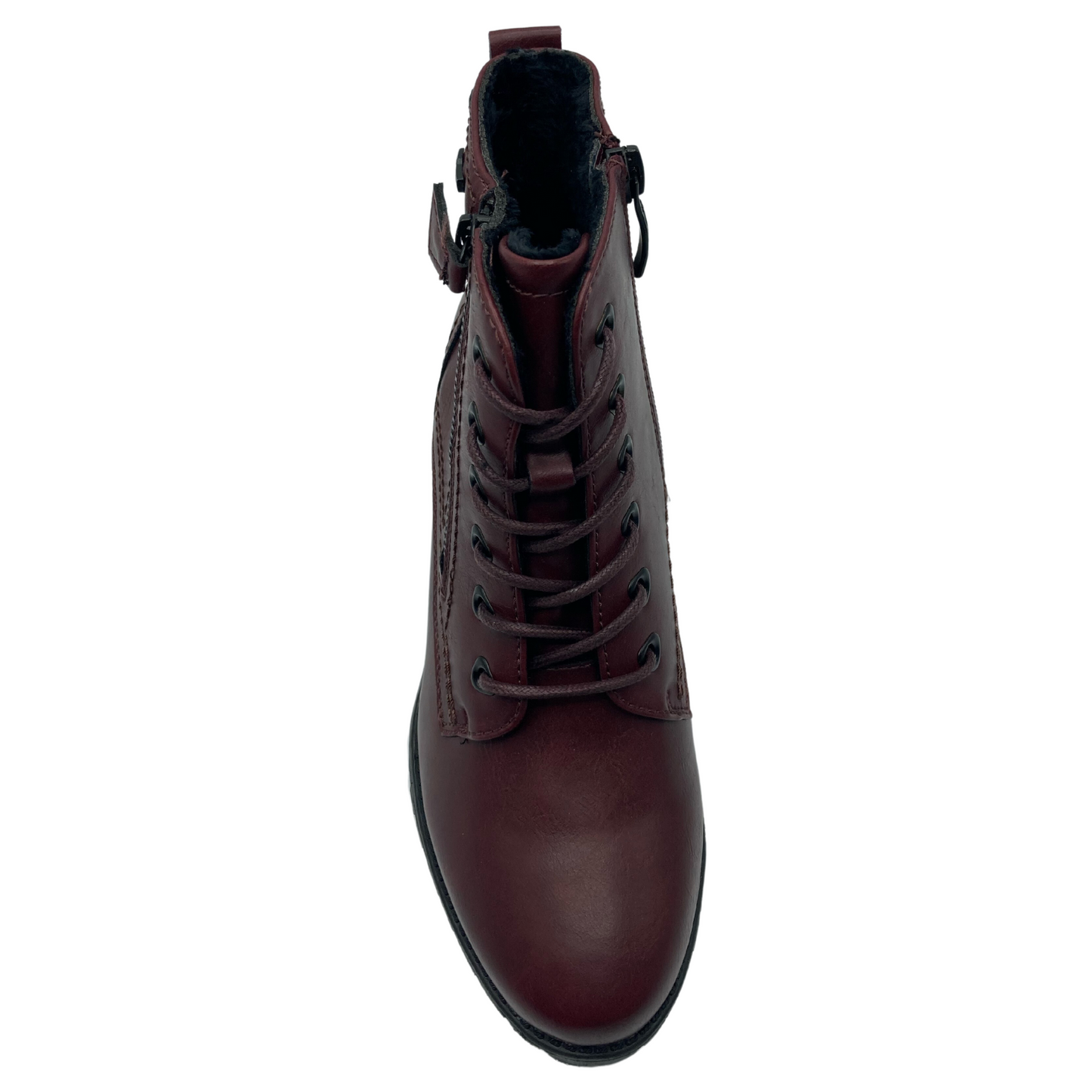 Top view of wine red faux leather bootie with rounded toe and double zipper closures