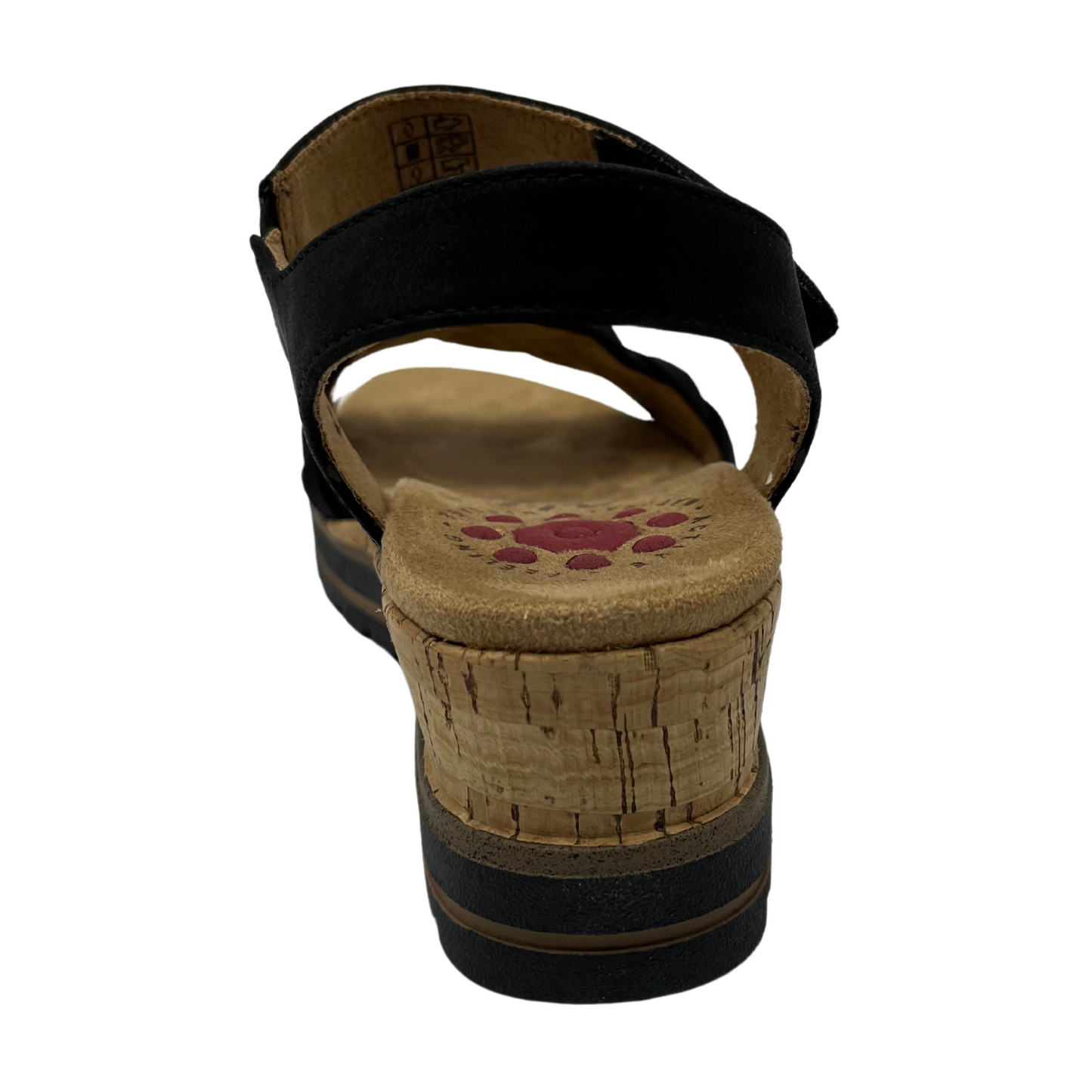 Back view of black strapped sandal with wedge heel